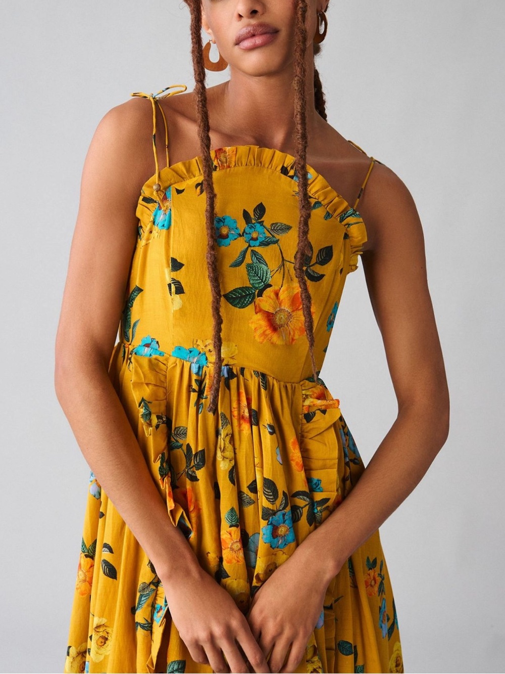 Anthropologie Mustard Yellow Floral High-Low Dress - Picture 2 of 7